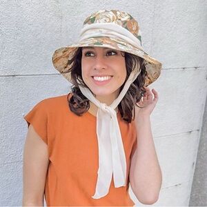 NWOT Foral Wide Brim Hat with Cream Chiffon Tie